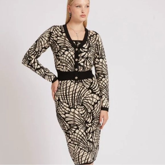 NWT Guess Posie Sweater Jacquard Cardigan Size XS. Black and Cream. - Picture 2 of 10